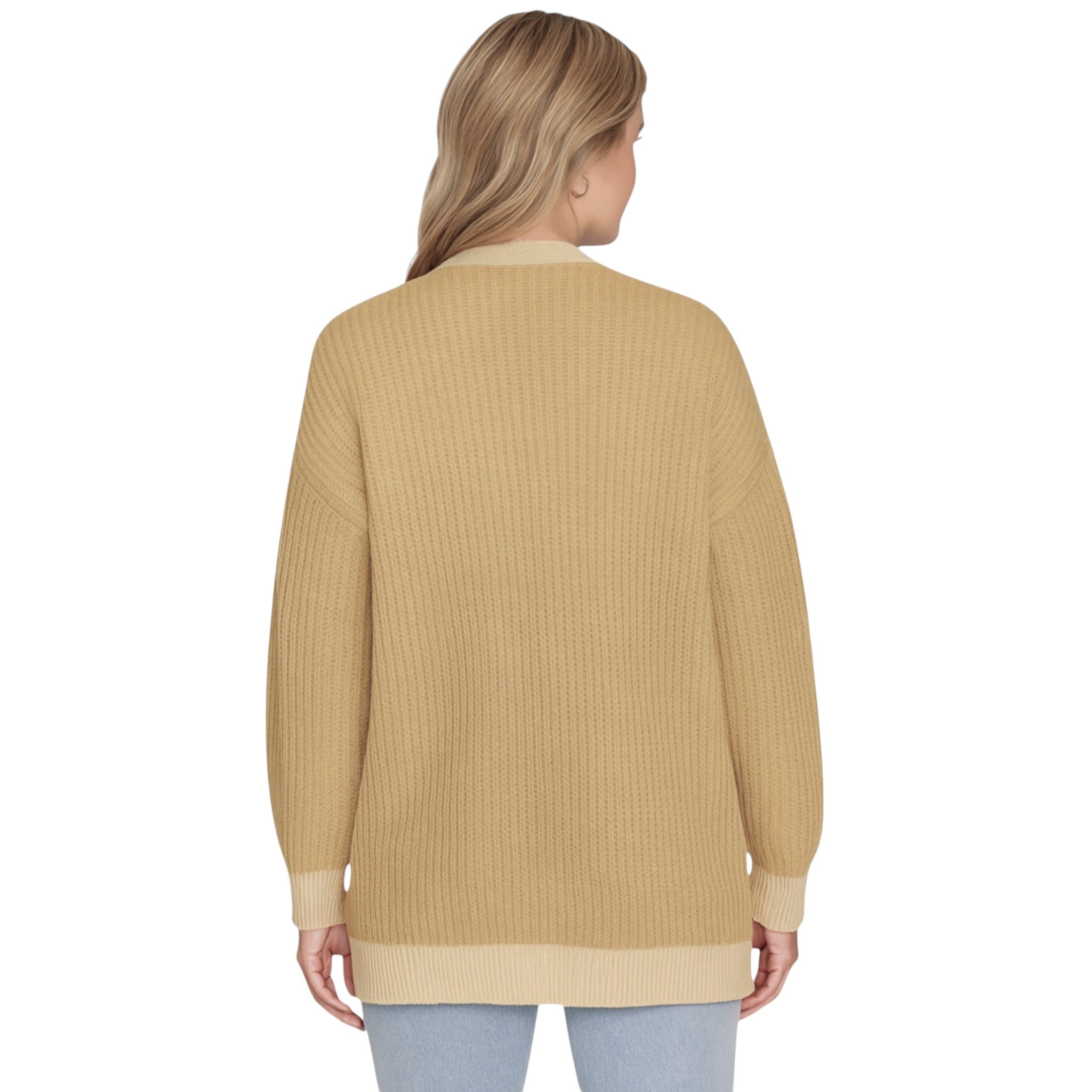 Ladies Italian edge to edge knitted cardigan in beige with gold trim, soft ribbed knit open front cardigan for women, stylish lightweight layering knitwear.